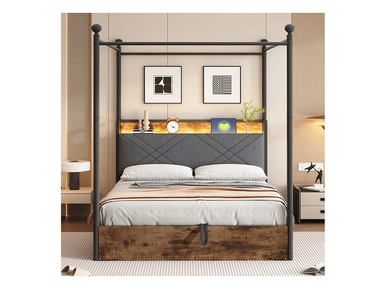 Lit double coffre 140x190 cm - avec baldaquin en métal - montants amovibles - avec LED et port USB/Type-C - Noir