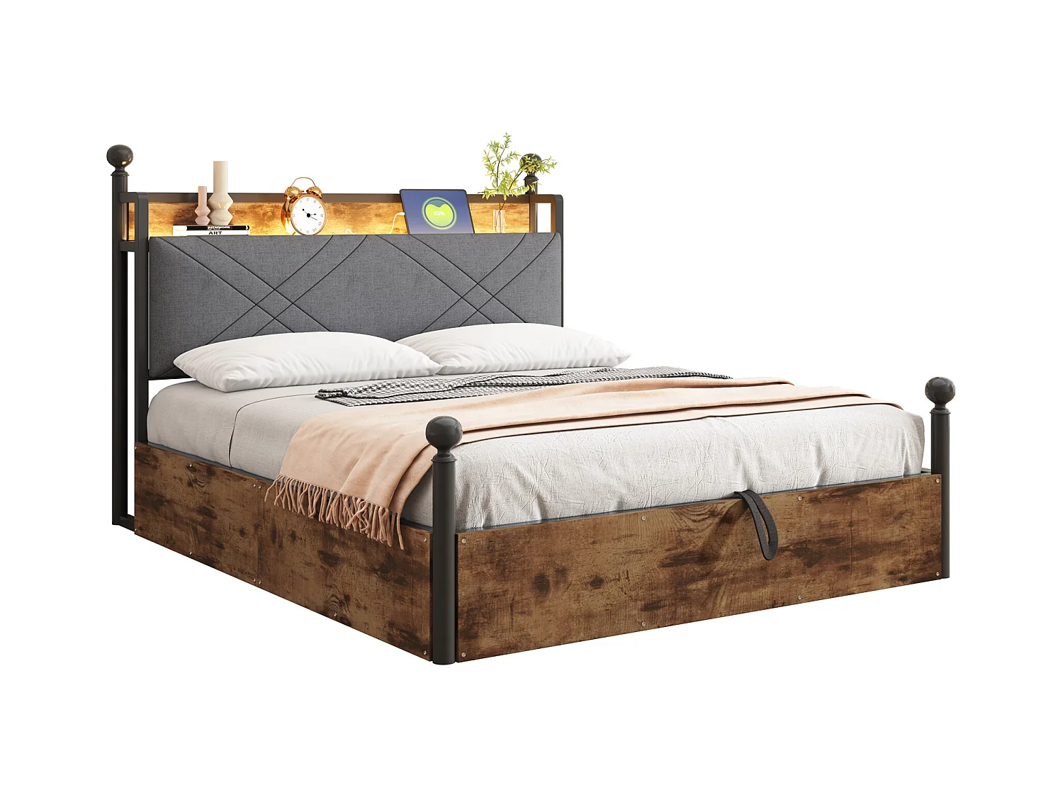 Lit double coffre 140x190 cm - avec baldaquin en métal - montants amovibles - avec LED et port USB/Type-C - Noir