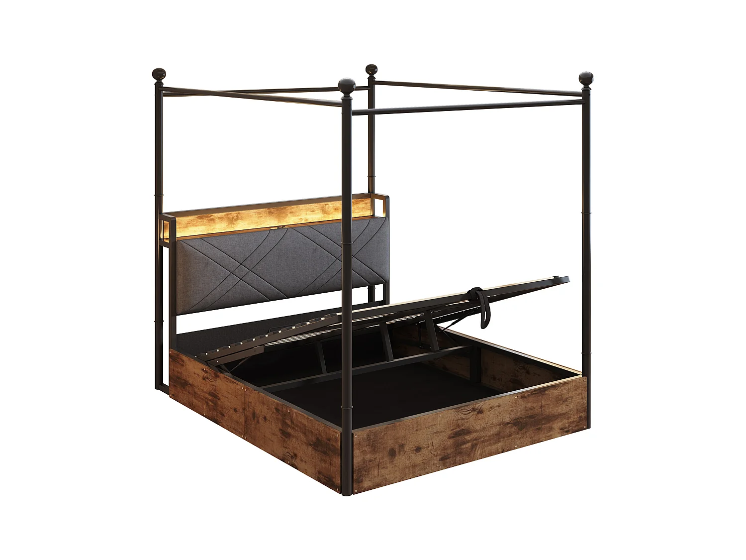 Lit double coffre 140x190 cm - avec baldaquin en métal - montants amovibles - avec LED et port USB/Type-C - Noir
