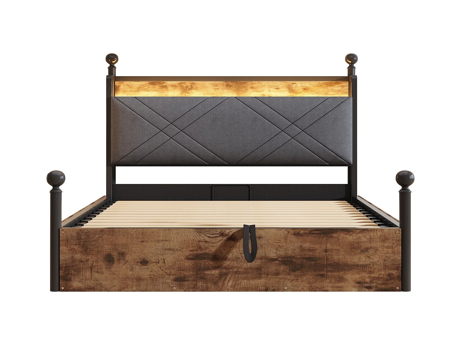 Lit double coffre 140x190 cm - avec baldaquin en métal - montants amovibles - avec LED et port USB/Type-C - Noir