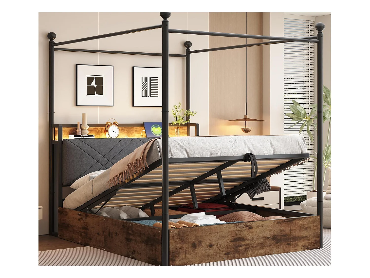 Lit double coffre 140x190 cm - avec baldaquin en métal - montants amovibles - avec LED et port USB/Type-C - Noir