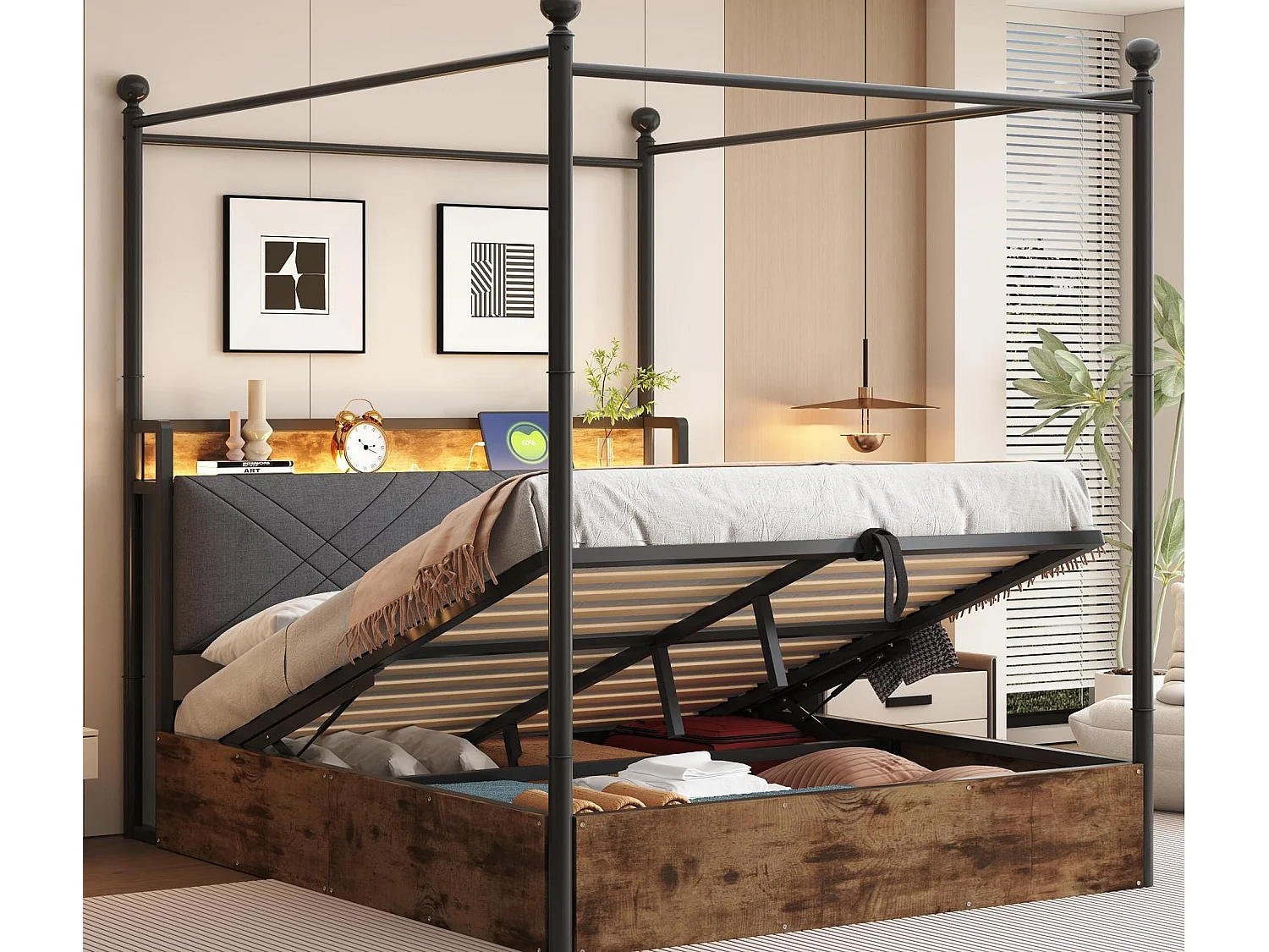 Lit double coffre 140x190 cm - avec baldaquin en métal - montants amovibles - avec LED et port USB/Type-C - Noir