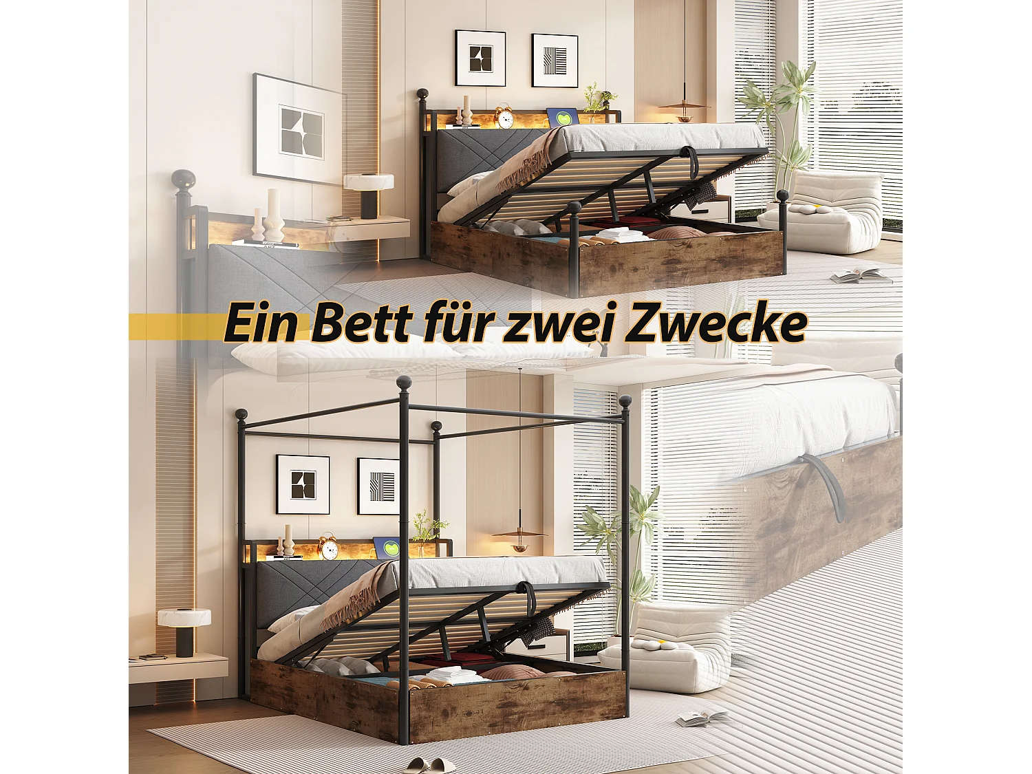 Lit double coffre 140x190 cm - avec baldaquin en métal - montants amovibles - avec LED et port USB/Type-C - Noir