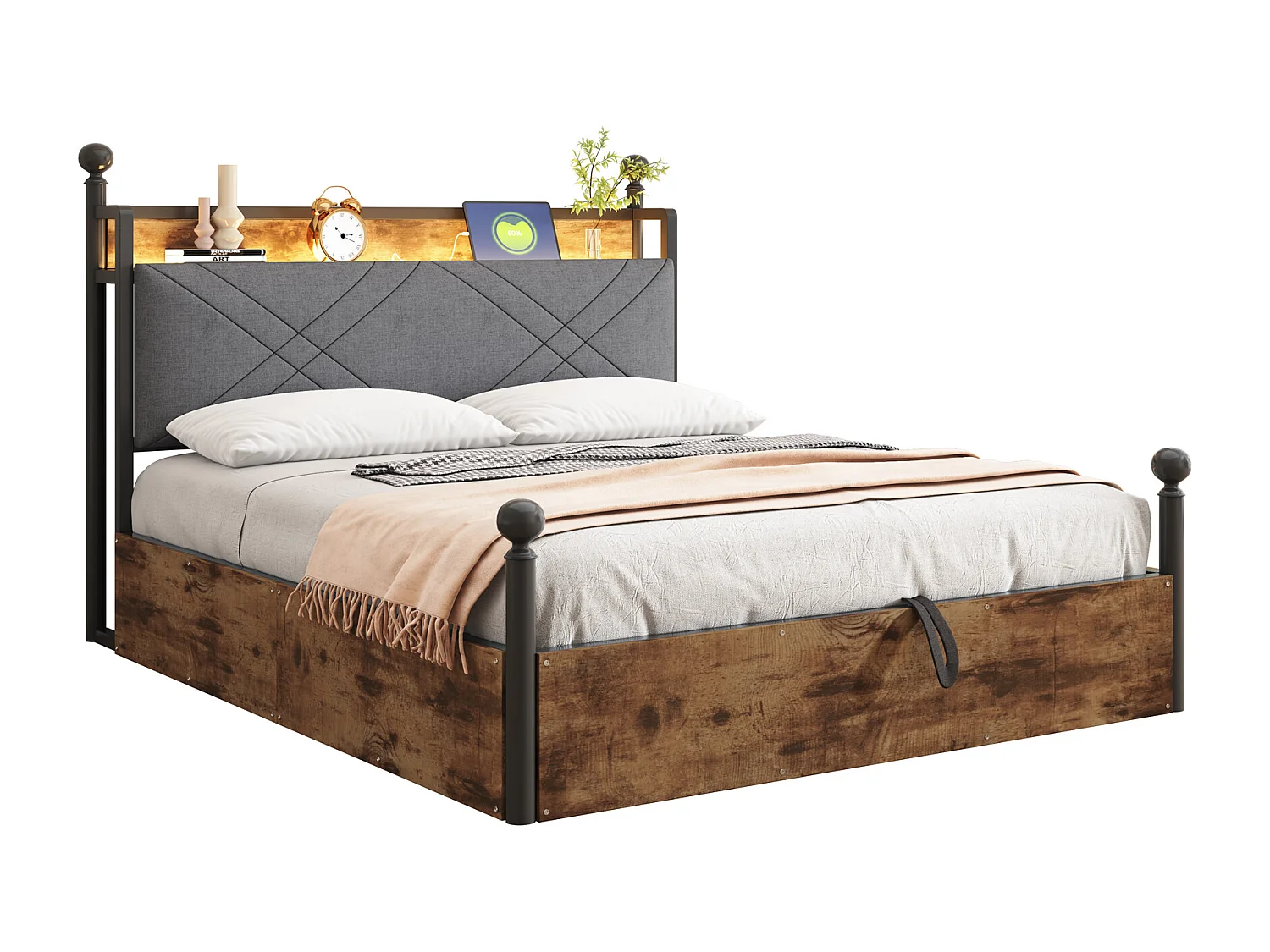 Lit double coffre 140x190 cm - avec baldaquin en métal - montants amovibles - avec LED et port USB/Type-C - Noir