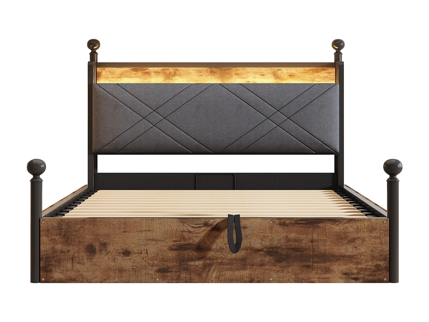 Lit double coffre 140x190 cm - avec baldaquin en métal - montants amovibles - avec LED et port USB/Type-C - Noir