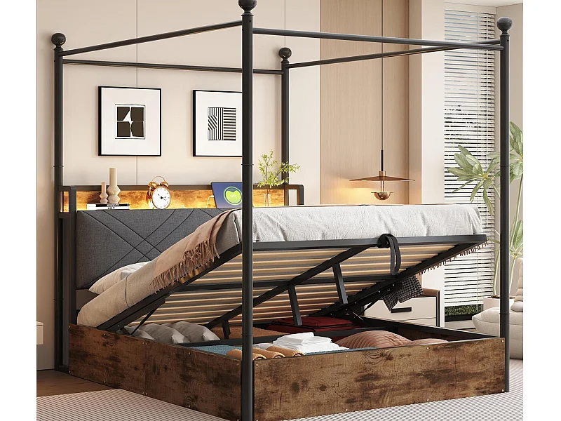 Lit double coffre 140x190 cm - avec baldaquin en métal - montants amovibles - avec LED et port USB/Type-C - Noir