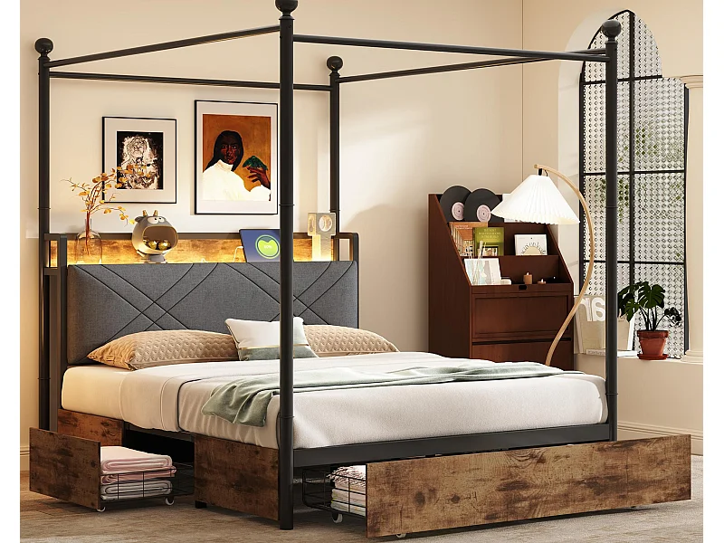 Doppelbett 140x190 cm - LED-Beleuchtung + USB/Type-C-Ladeanschluss - 3 Schubladen - Abnehmbare Bettpfosten - Schwarz