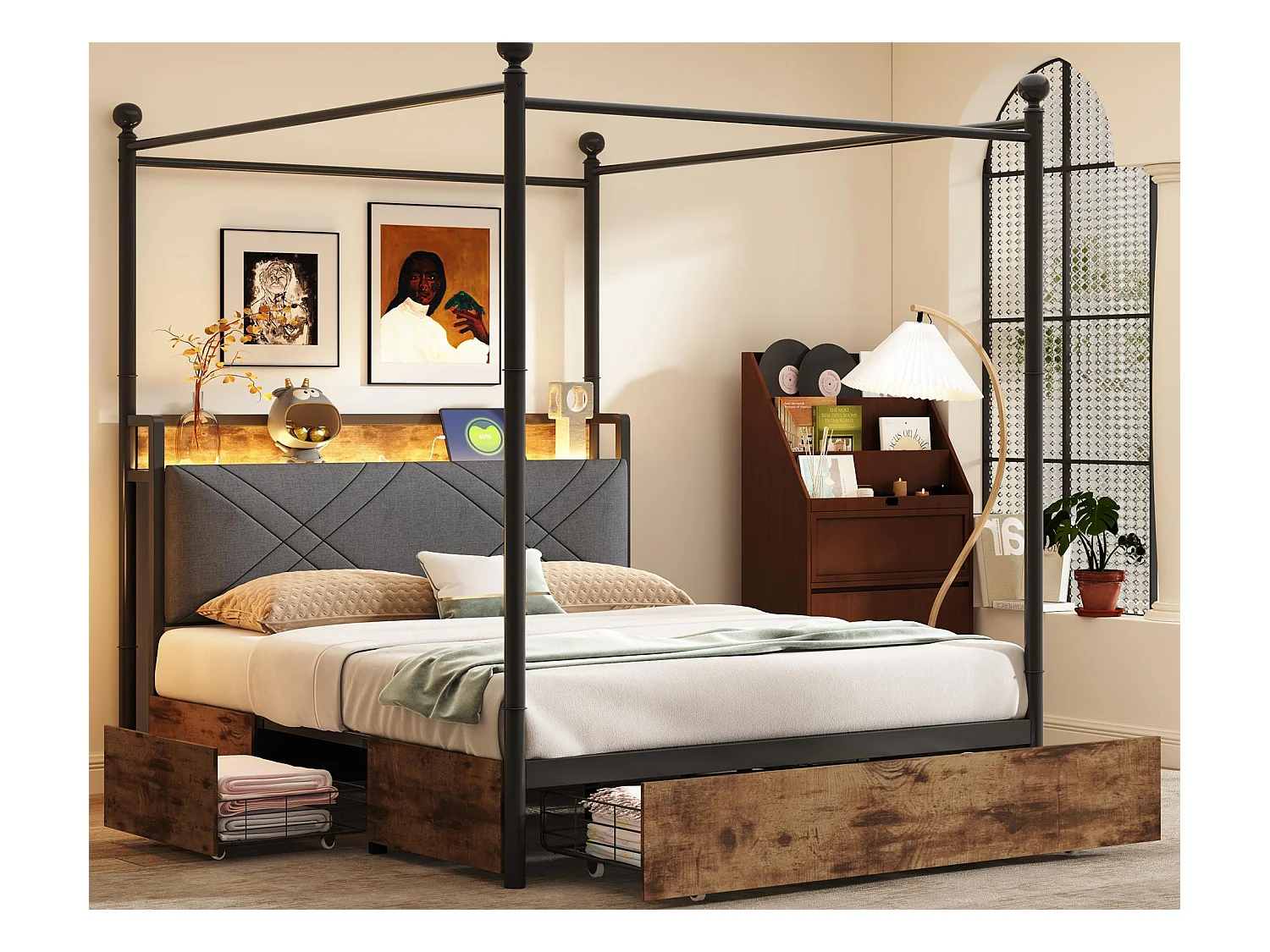 Lit double 140x190 cm - Éclairage LED + port de charge USB/Type-C - 3 tiroirs - Montants de lit amovibles - Noir