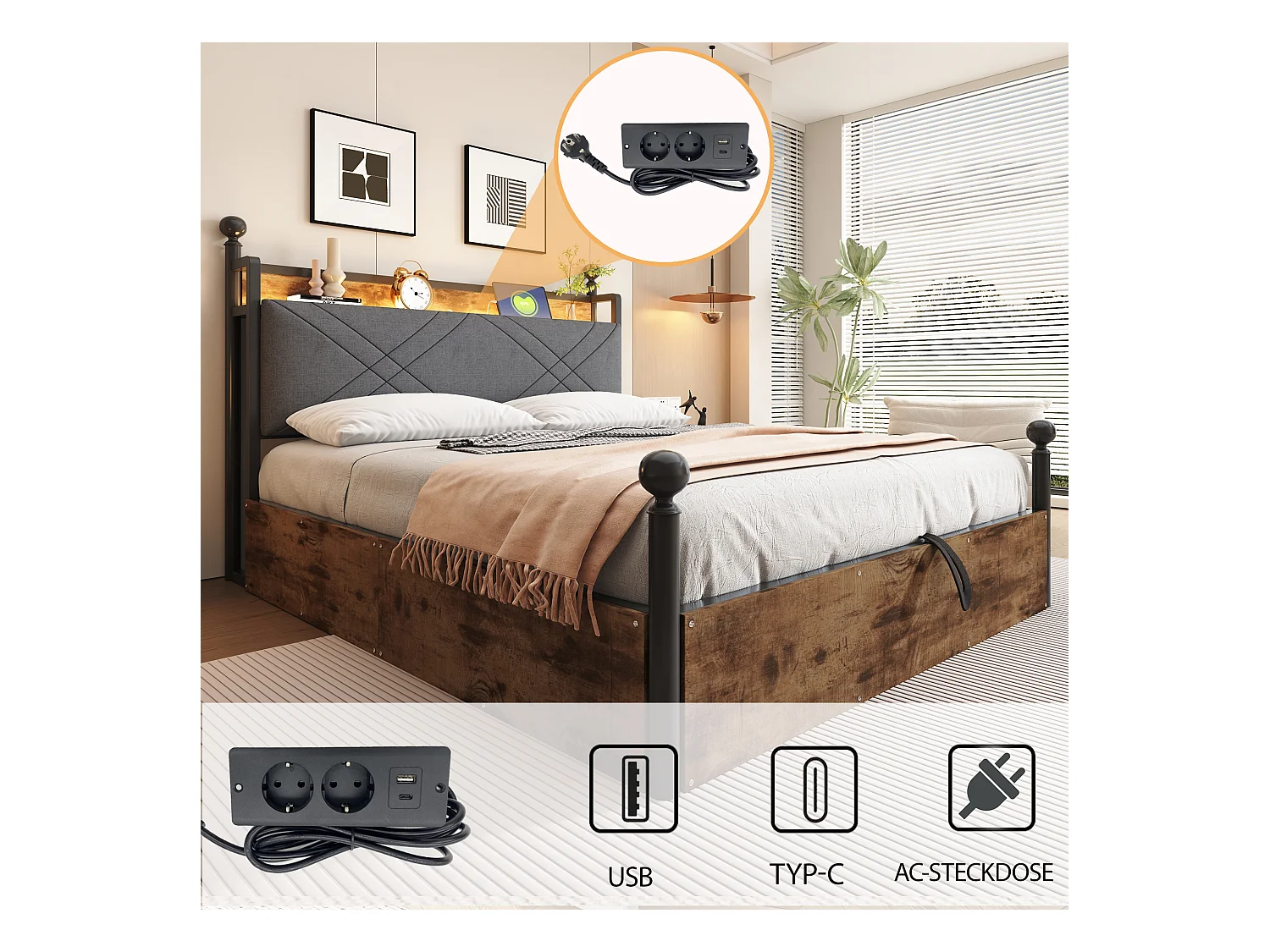 Lit double 140x190 cm - Éclairage LED + port de charge USB/Type-C - 3 tiroirs - Montants de lit amovibles - Noir