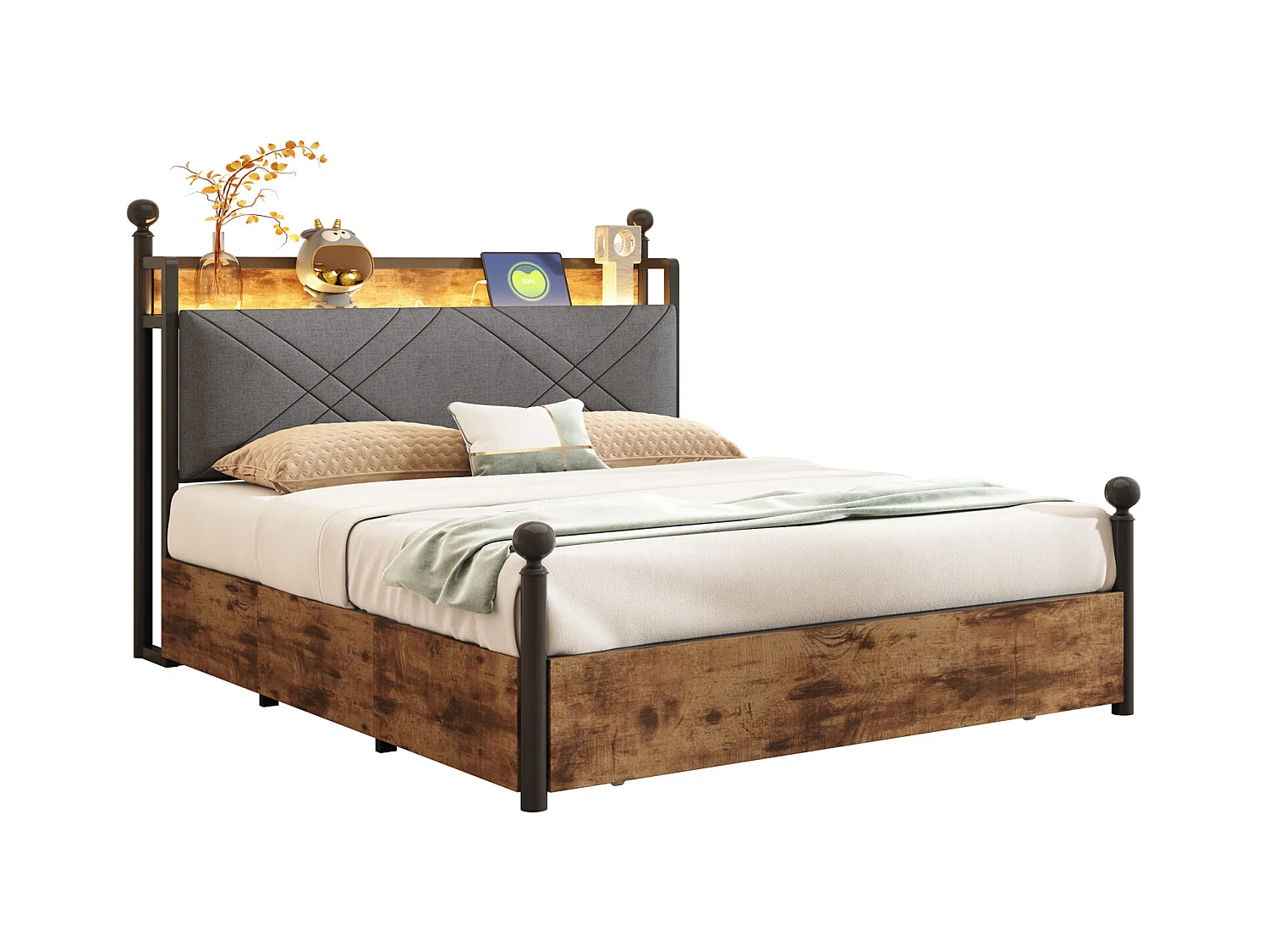 Lit double 140x190 cm - Éclairage LED + port de charge USB/Type-C - 3 tiroirs - Montants de lit amovibles - Noir