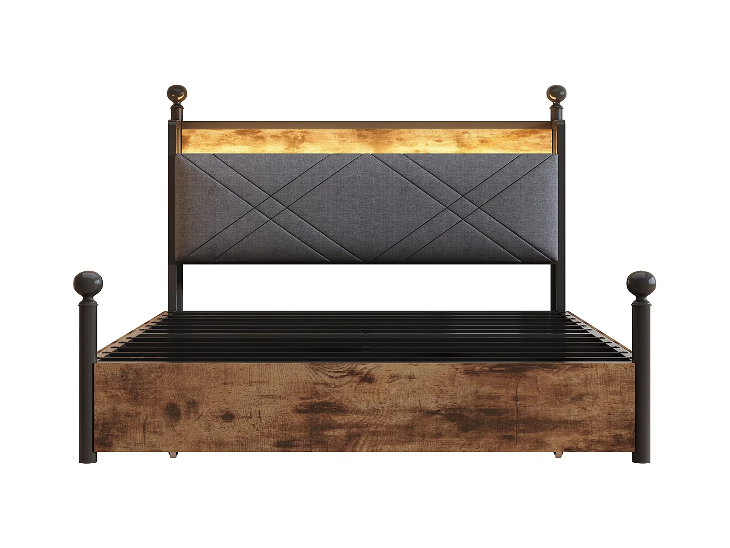 Lit double 140x190 cm - Éclairage LED + port de charge USB/Type-C - 3 tiroirs - Montants de lit amovibles - Noir