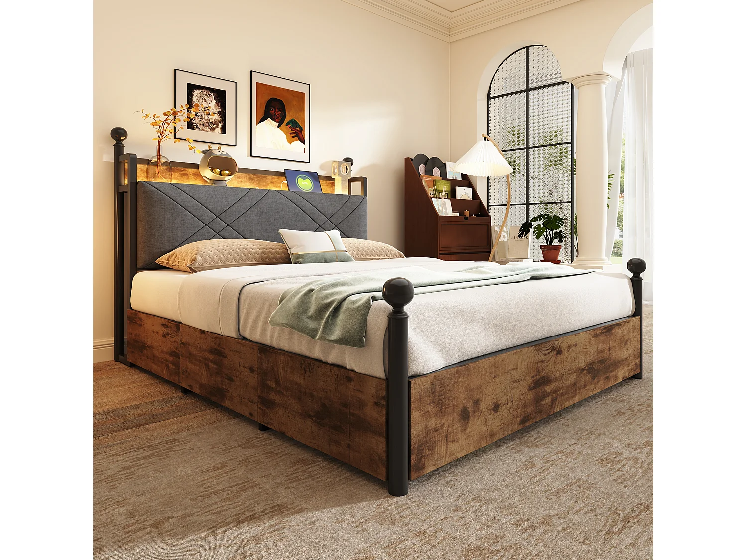 Doppelbett 140x190 cm - LED-Beleuchtung + USB/Type-C-Ladeanschluss - 3 Schubladen - Abnehmbare Bettpfosten - Schwarz