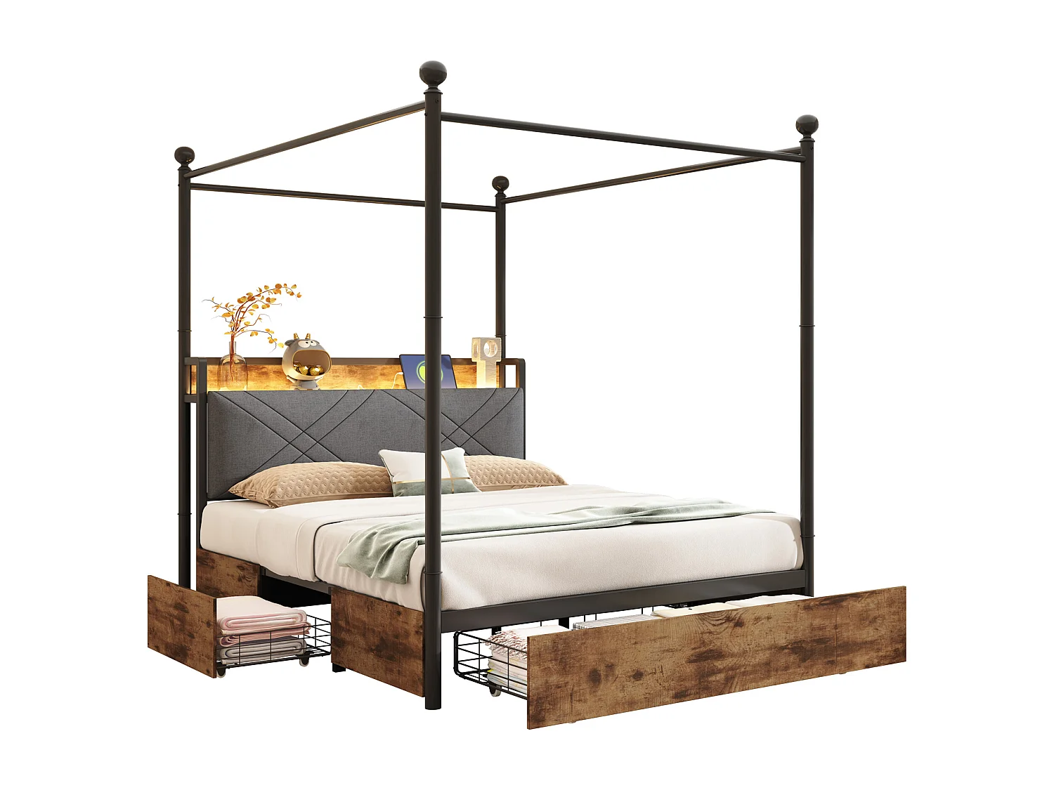 Doppelbett 140x190 cm - LED-Beleuchtung + USB/Type-C-Ladeanschluss - 3 Schubladen - Abnehmbare Bettpfosten - Schwarz