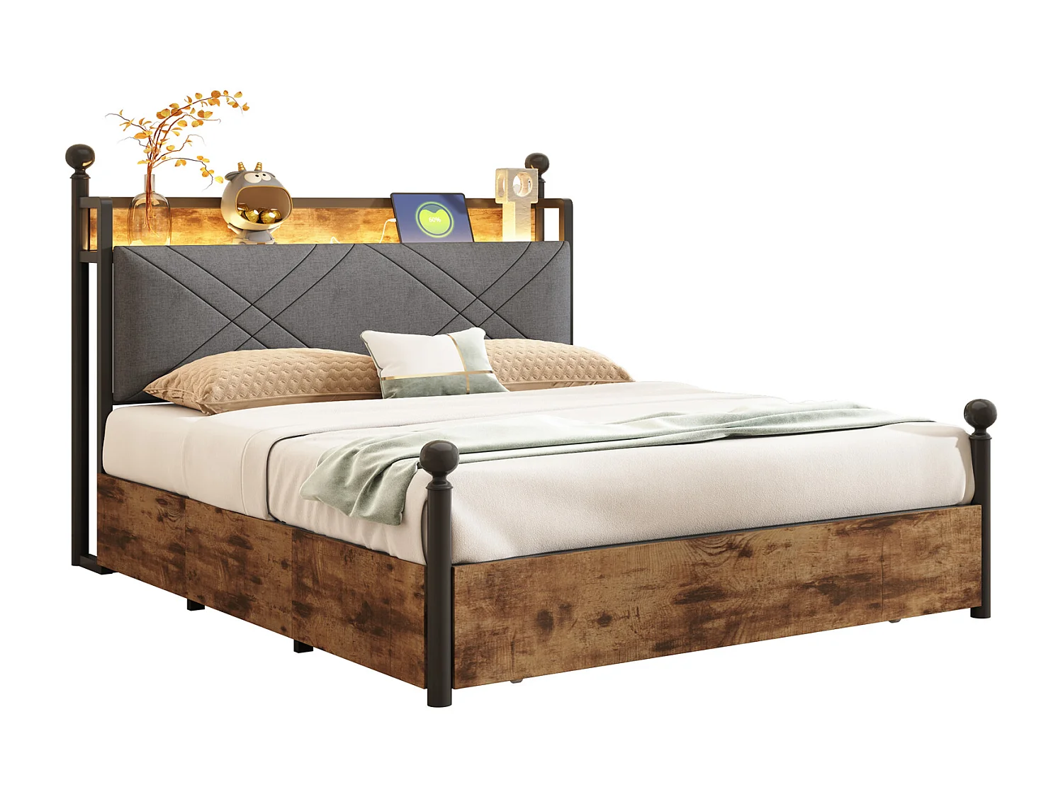 Doppelbett 140x190 cm - LED-Beleuchtung + USB/Type-C-Ladeanschluss - 3 Schubladen - Abnehmbare Bettpfosten - Schwarz