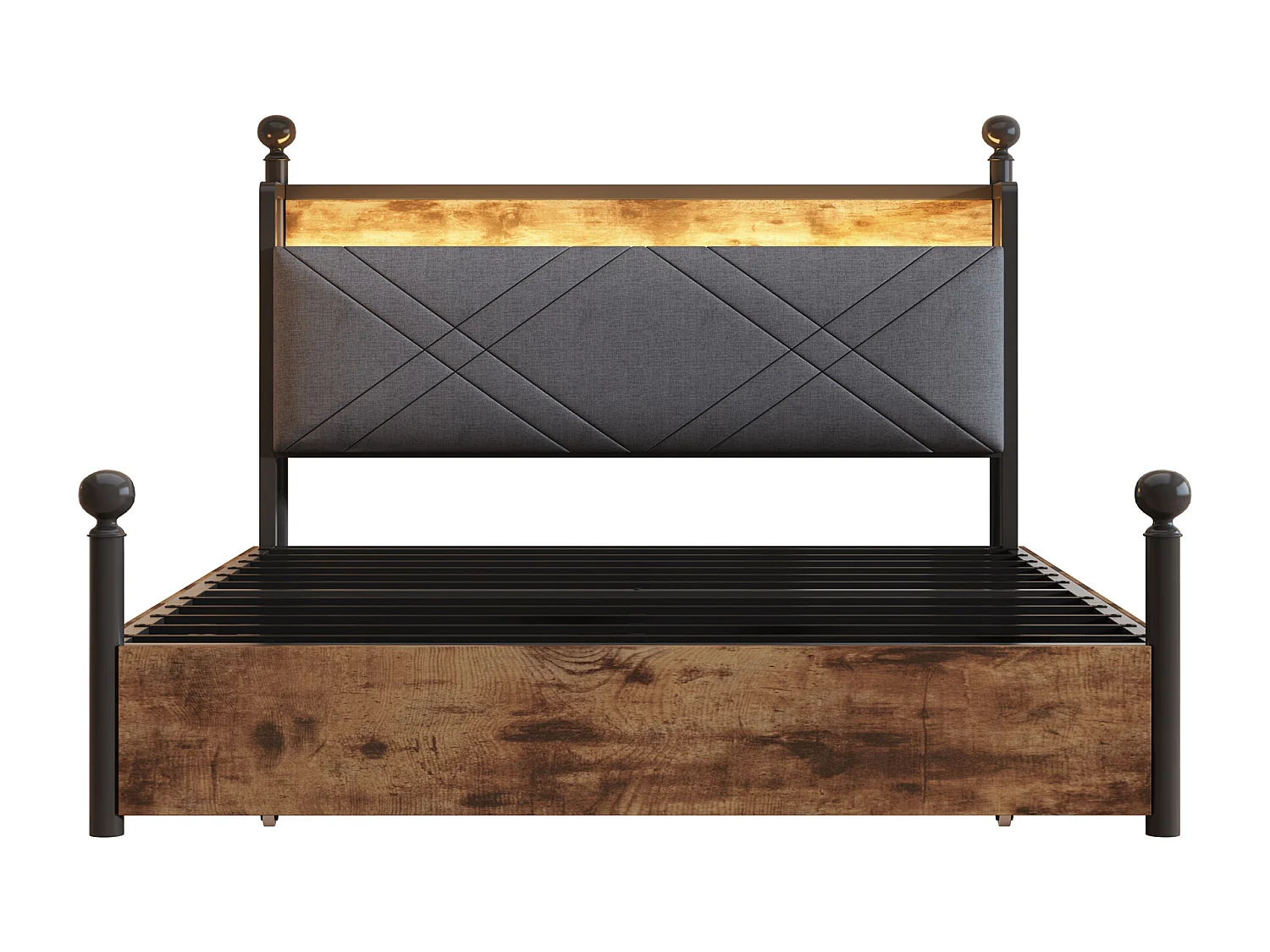 Doppelbett 140x190 cm - LED-Beleuchtung + USB/Type-C-Ladeanschluss - 3 Schubladen - Abnehmbare Bettpfosten - Schwarz