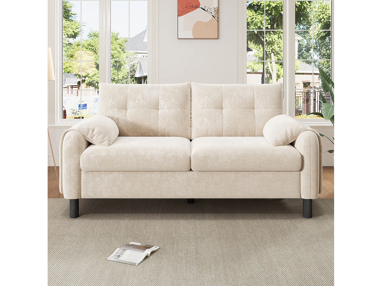 Canapé 2 places moderne 158x80x88,5cm - avec coussins épais - Tissu chenille - beige