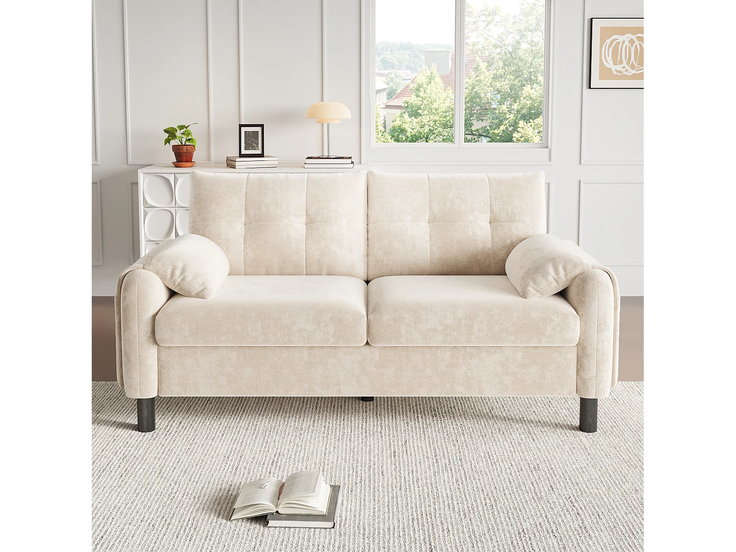 Canapé 2 places moderne 158x80x88,5cm - avec coussins épais - Tissu chenille - beige