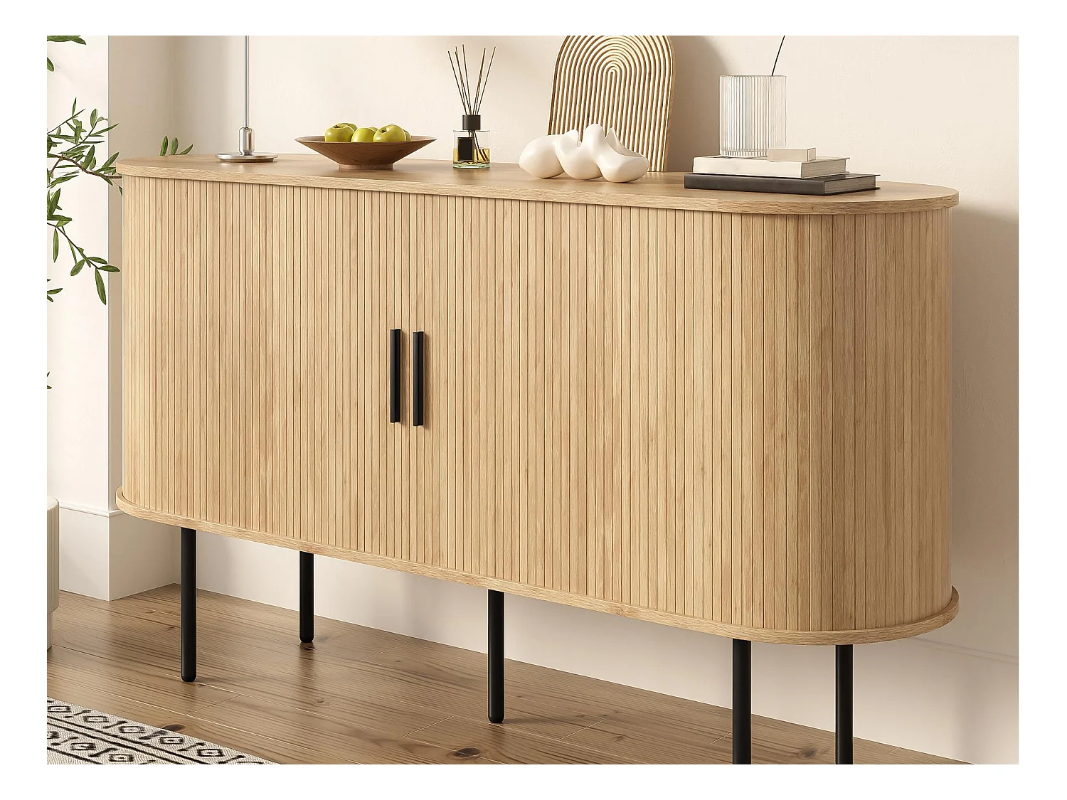 Buffet 140x40x78 cm - 1 porte coulissante - avec étagères - Pieds en fer - MDF - Naturel