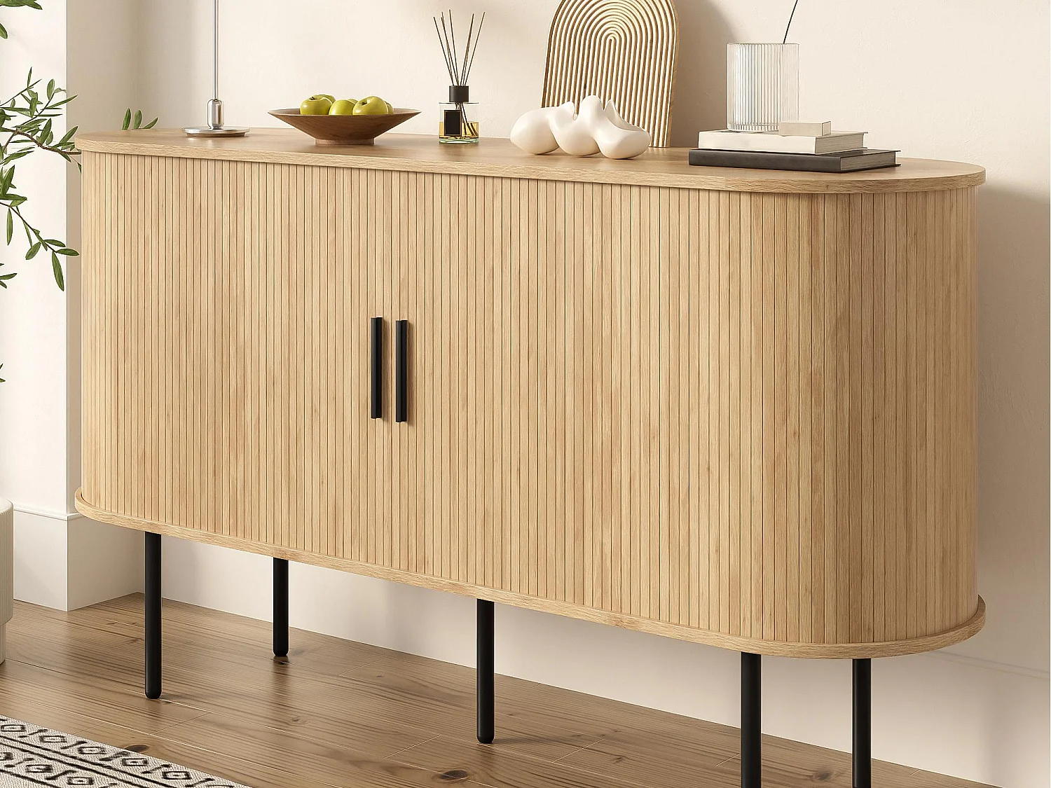 Buffet 140x40x78 cm - 1 porte coulissante - avec étagères - Pieds en fer - MDF - Naturel