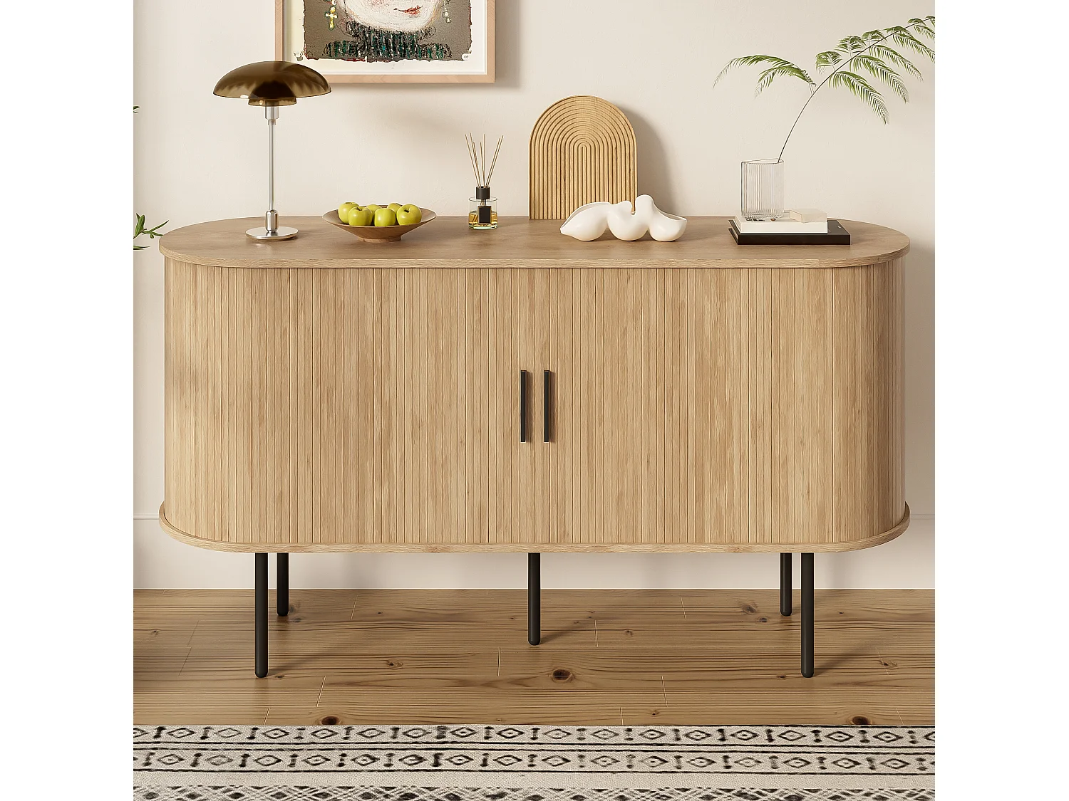 Buffet 140x40x78 cm - 1 porte coulissante - avec étagères - Pieds en fer - MDF - Naturel