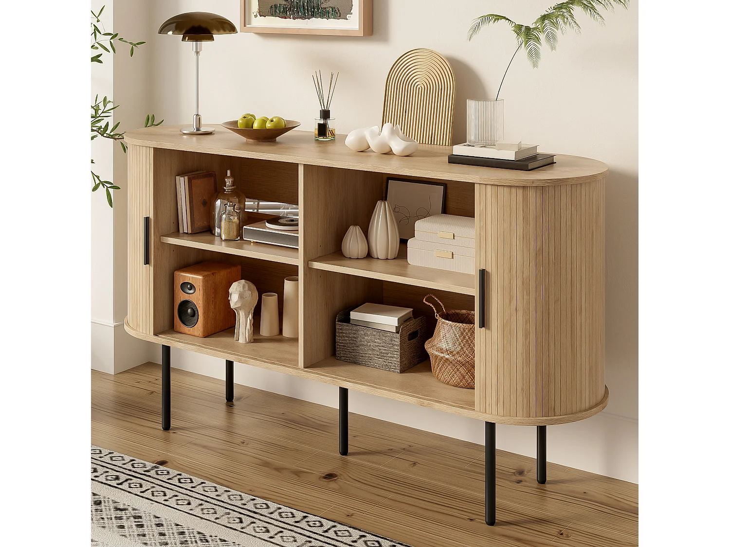 Buffet 140x40x78 cm - 1 porte coulissante - avec étagères - Pieds en fer - MDF - Naturel