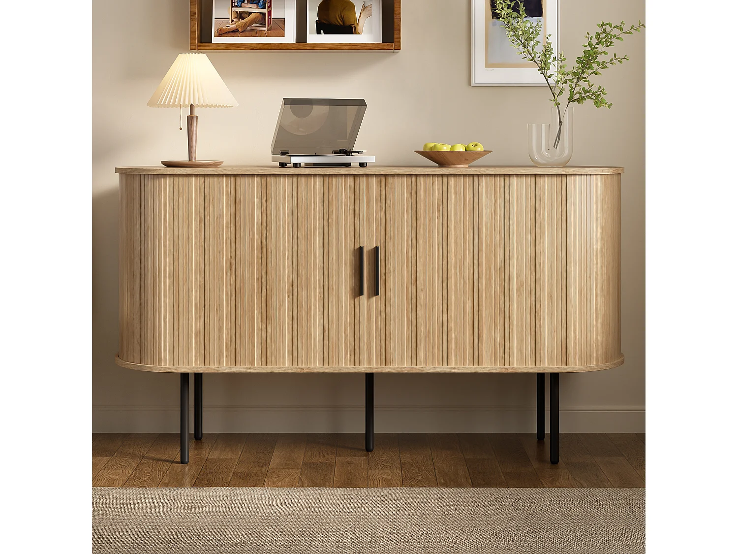 Buffet 140x40x78 cm - 1 porte coulissante - avec étagères - Pieds en fer - MDF - Naturel