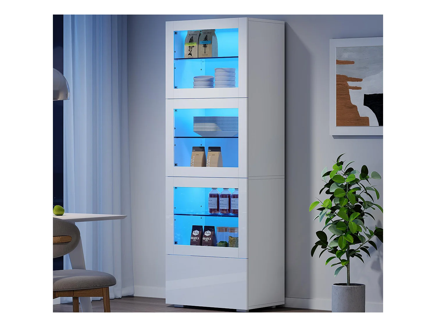 Vitrine brillante 60x40x173 cm - avec éclairage LED - 3 portes et 1 tiroir - Étagères réglables - Blanc