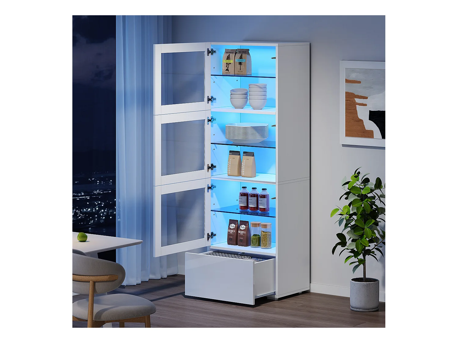 Vitrine brillante 60x40x173 cm - avec éclairage LED - 3 portes et 1 tiroir - Étagères réglables - Blanc