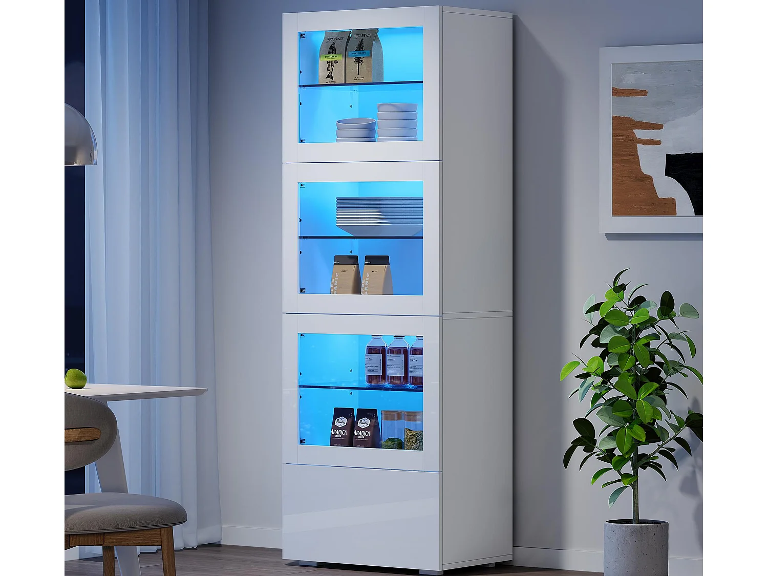 Vitrine brillante 60x40x173 cm - avec éclairage LED - 3 portes et 1 tiroir - Étagères réglables - Blanc