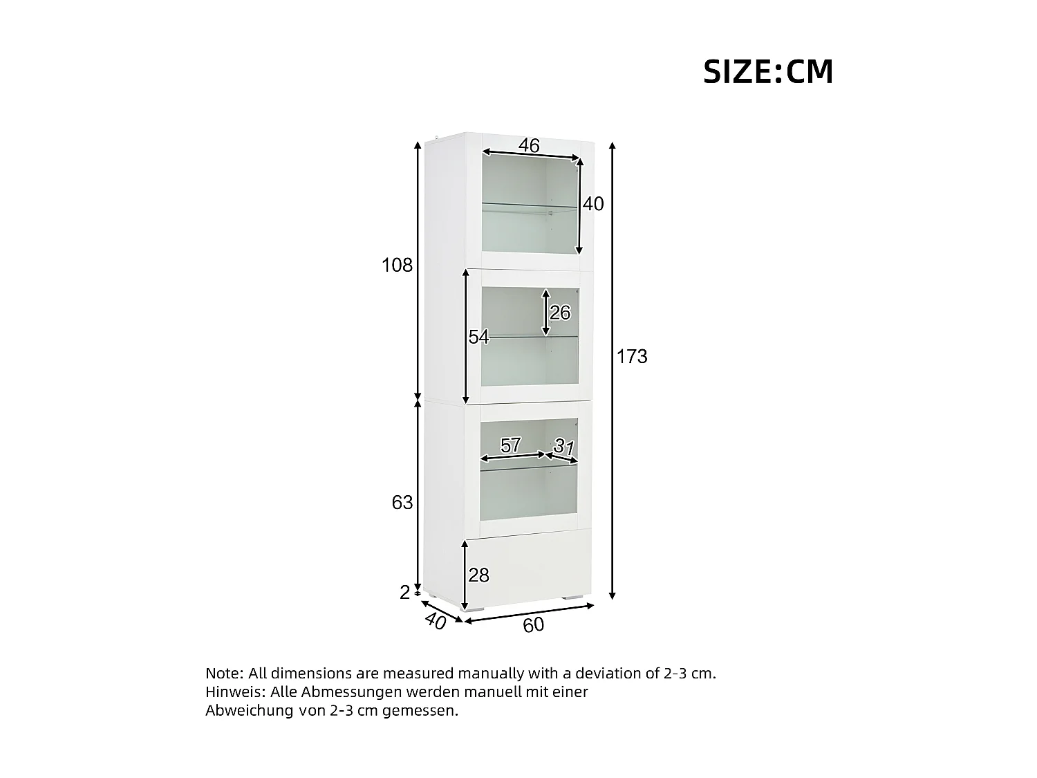 Vitrine brillante 60x40x173 cm - avec éclairage LED - 3 portes et 1 tiroir - Étagères réglables - Blanc