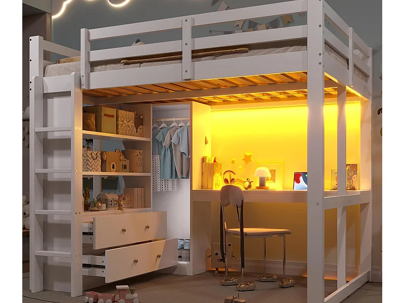 Hochbett 140x200 cm - 2 Schubladen - mit Schreibtisch und Kleiderschrank - mit LED und USB-Anschluss - Weiß (Matratze nicht im Lieferumfang enthalten)