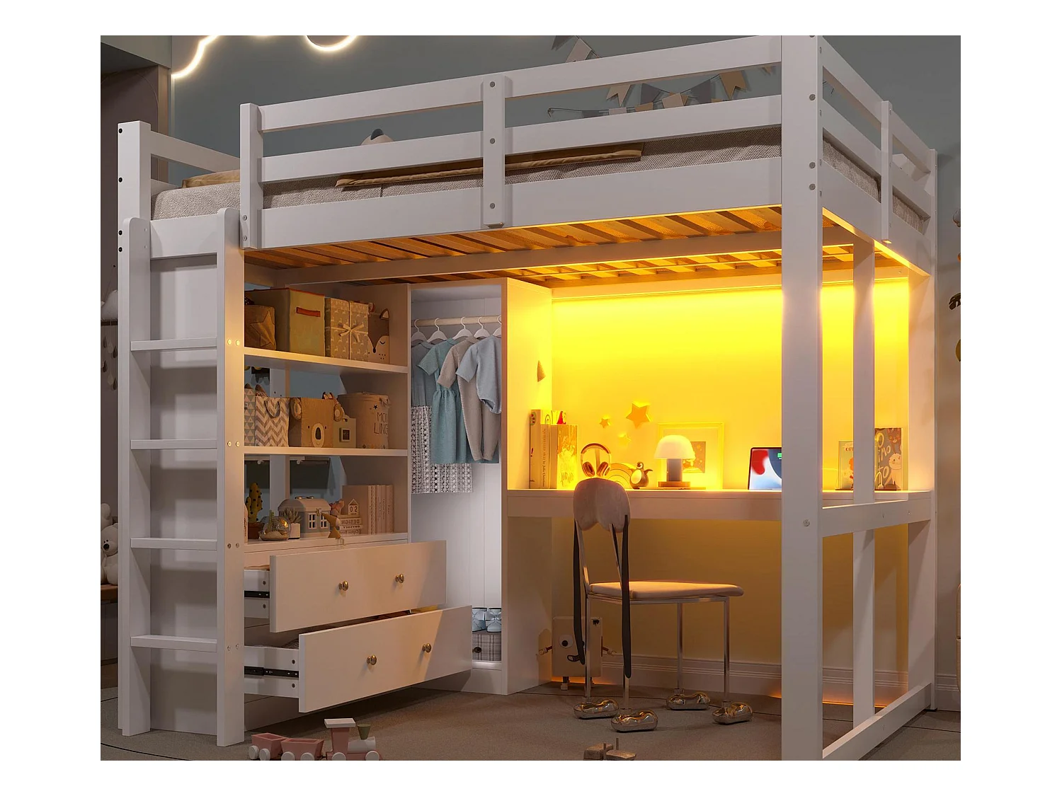 łóżko piętrowe 140x200 cm - 2 szuflady - z biurkiem i szafą - z LED i portem USB - Biały (materac nie jest wliczony w cenę)