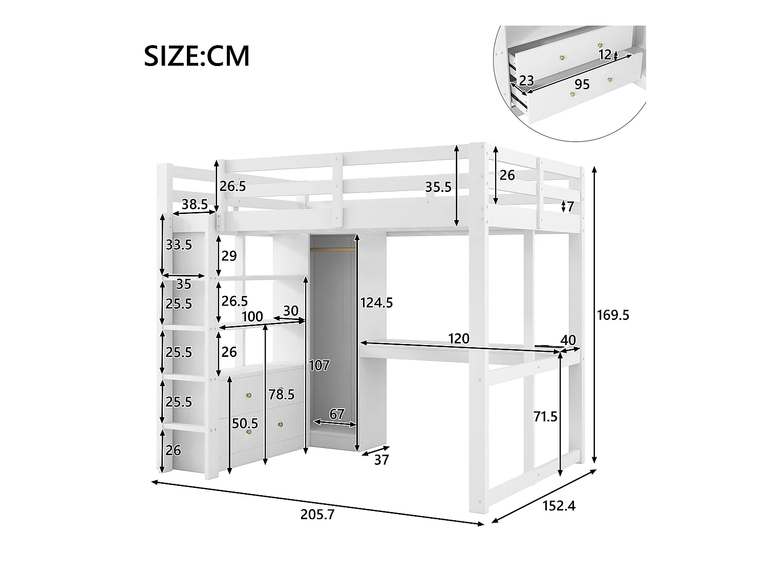 łóżko piętrowe 140x200 cm - 2 szuflady - z biurkiem i szafą - z LED i portem USB - Biały (materac nie jest wliczony w cenę)