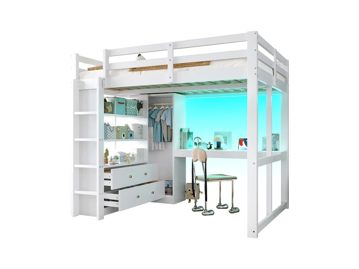 łóżko piętrowe 140x200 cm - 2 szuflady - z biurkiem i szafą - z LED i portem USB - Biały (materac nie jest wliczony w cenę)