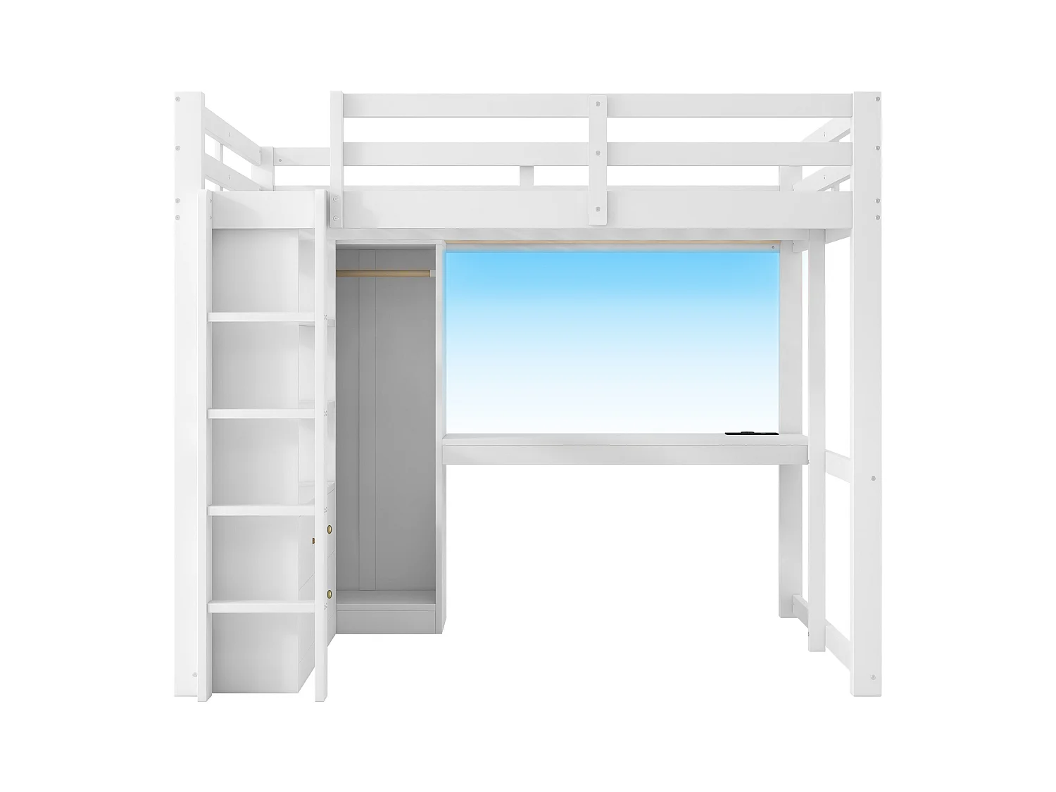 łóżko piętrowe 140x200 cm - 2 szuflady - z biurkiem i szafą - z LED i portem USB - Biały (materac nie jest wliczony w cenę)