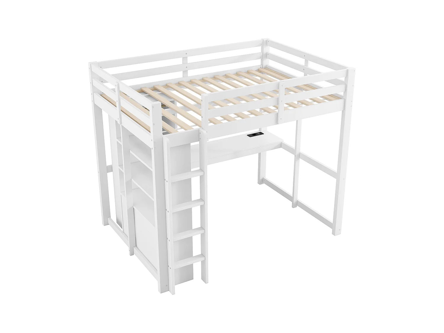 łóżko piętrowe 140x200 cm - 2 szuflady - z biurkiem i szafą - z LED i portem USB - Biały (materac nie jest wliczony w cenę)