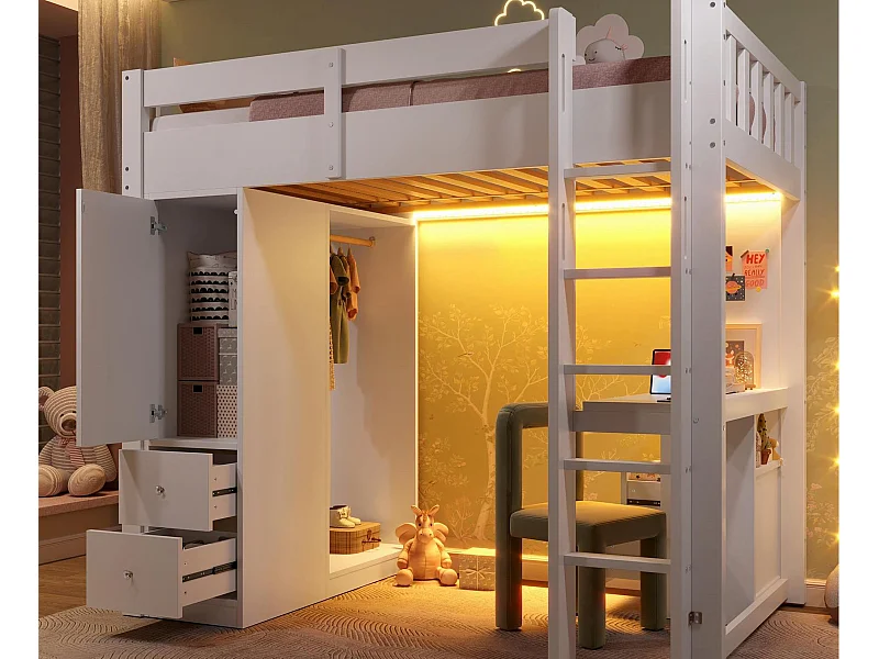Lit mezzanine 90x200 cm -  4 tiroirs et armoire - avec bureau - avec LED et port USB - Blanc(matelas non inclus)