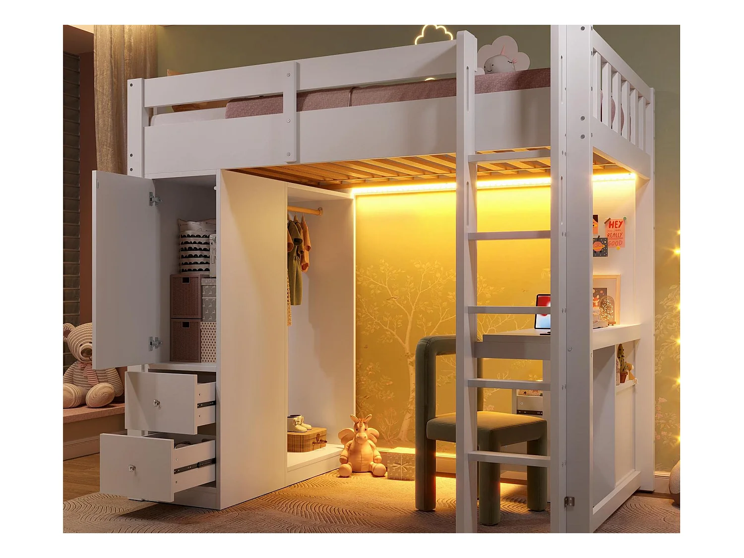 Lit mezzanine 90x200 cm -  4 tiroirs et armoire - avec bureau - avec LED et port USB - Blanc(matelas non inclus)