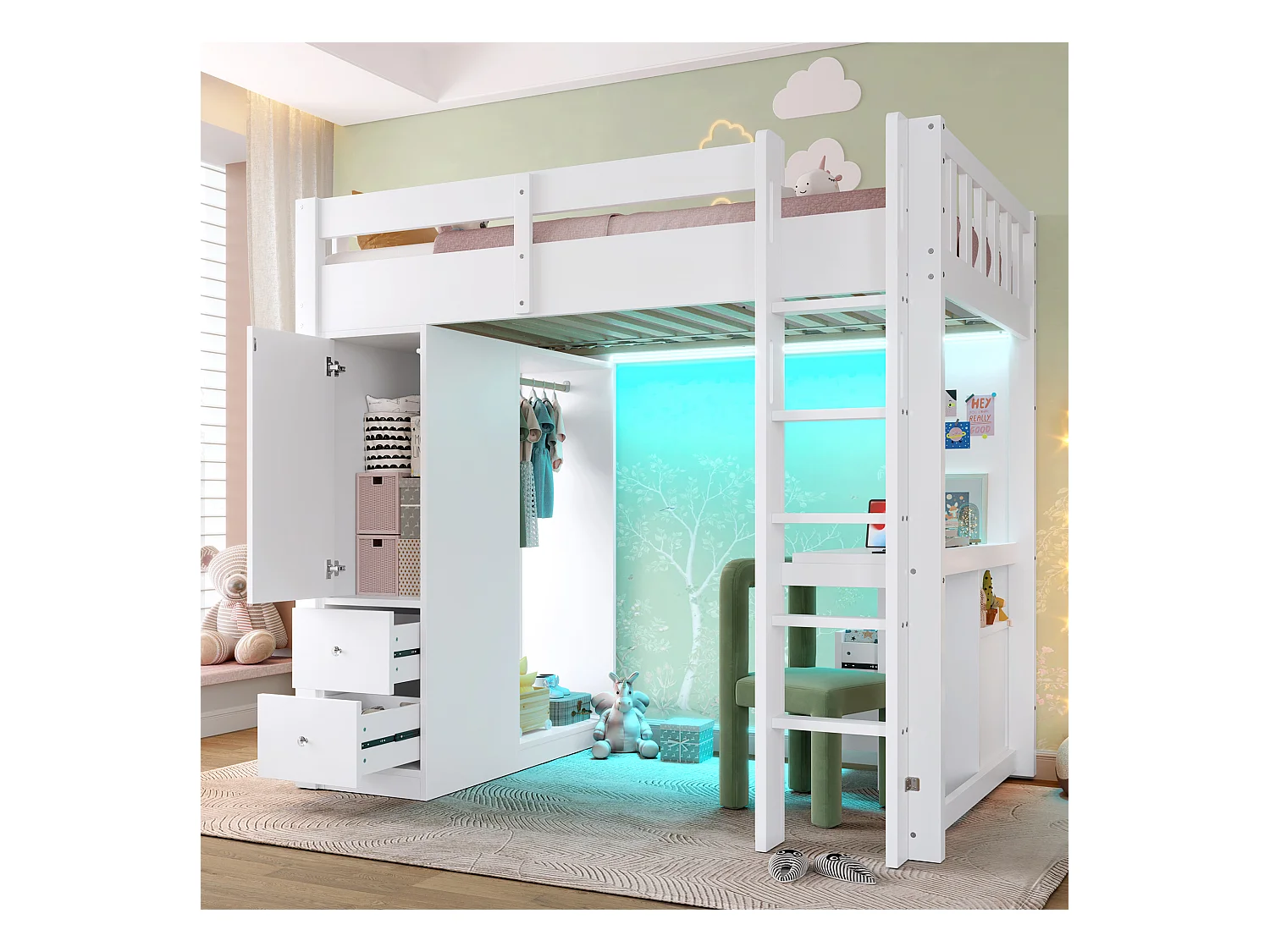 Lit mezzanine 90x200 cm -  4 tiroirs et armoire - avec bureau - avec LED et port USB - Blanc(matelas non inclus)