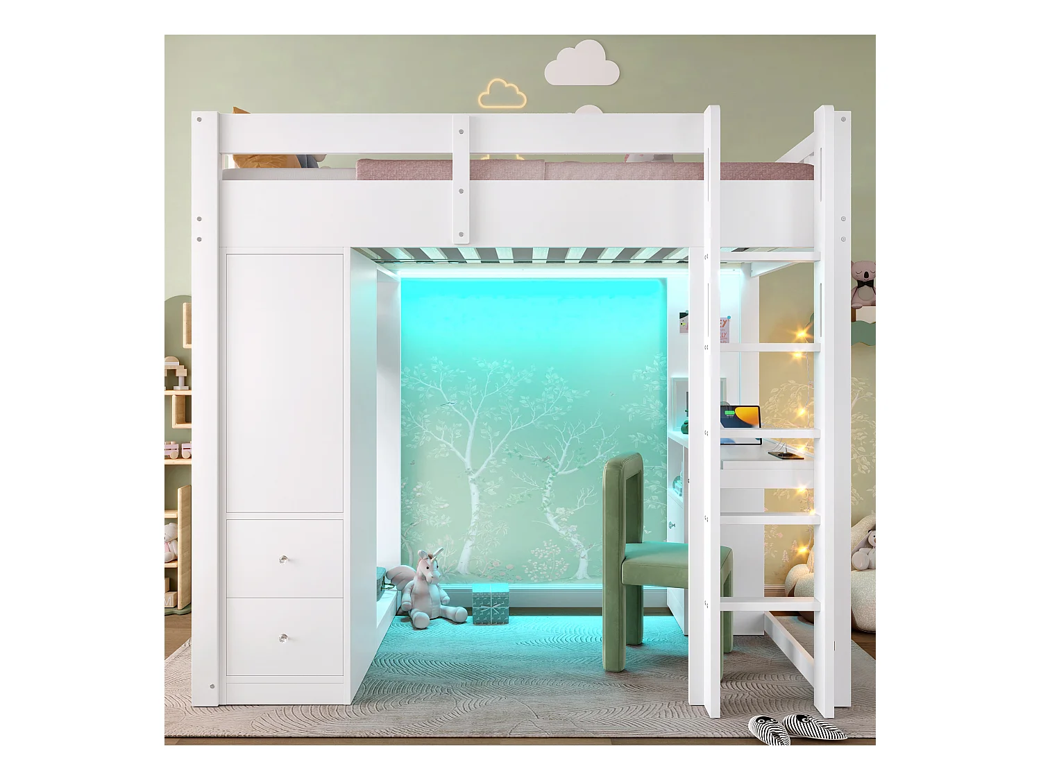 Lit mezzanine 90x200 cm -  4 tiroirs et armoire - avec bureau - avec LED et port USB - Blanc(matelas non inclus)