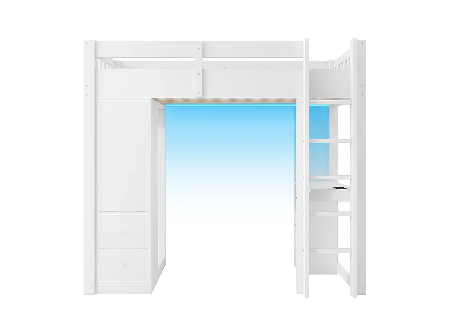 Lit mezzanine 90x200 cm -  4 tiroirs et armoire - avec bureau - avec LED et port USB - Blanc(matelas non inclus)