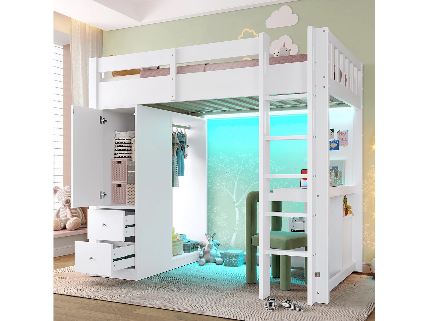 Hoogslaperbed 90x200 cm - 4 lades en kast - met bureau - met LED en USB-poort - Wit (matras niet inbegrepen)