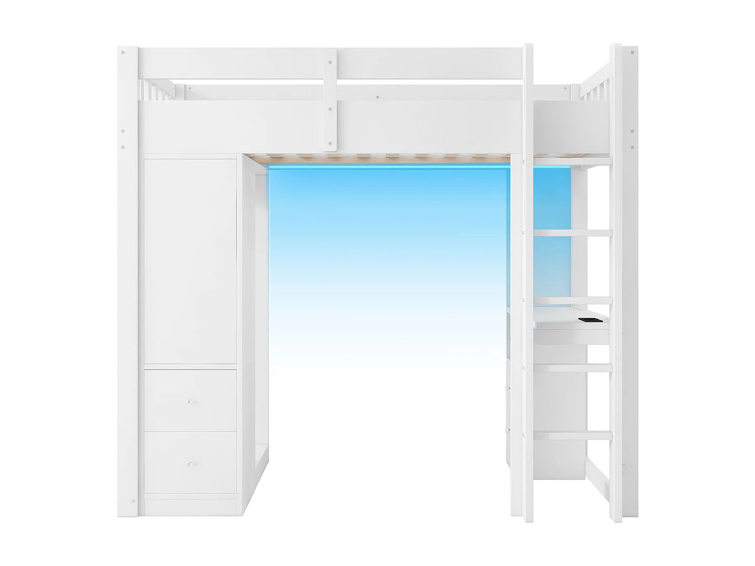 Hoogslaperbed 90x200 cm - 4 lades en kast - met bureau - met LED en USB-poort - Wit (matras niet inbegrepen)