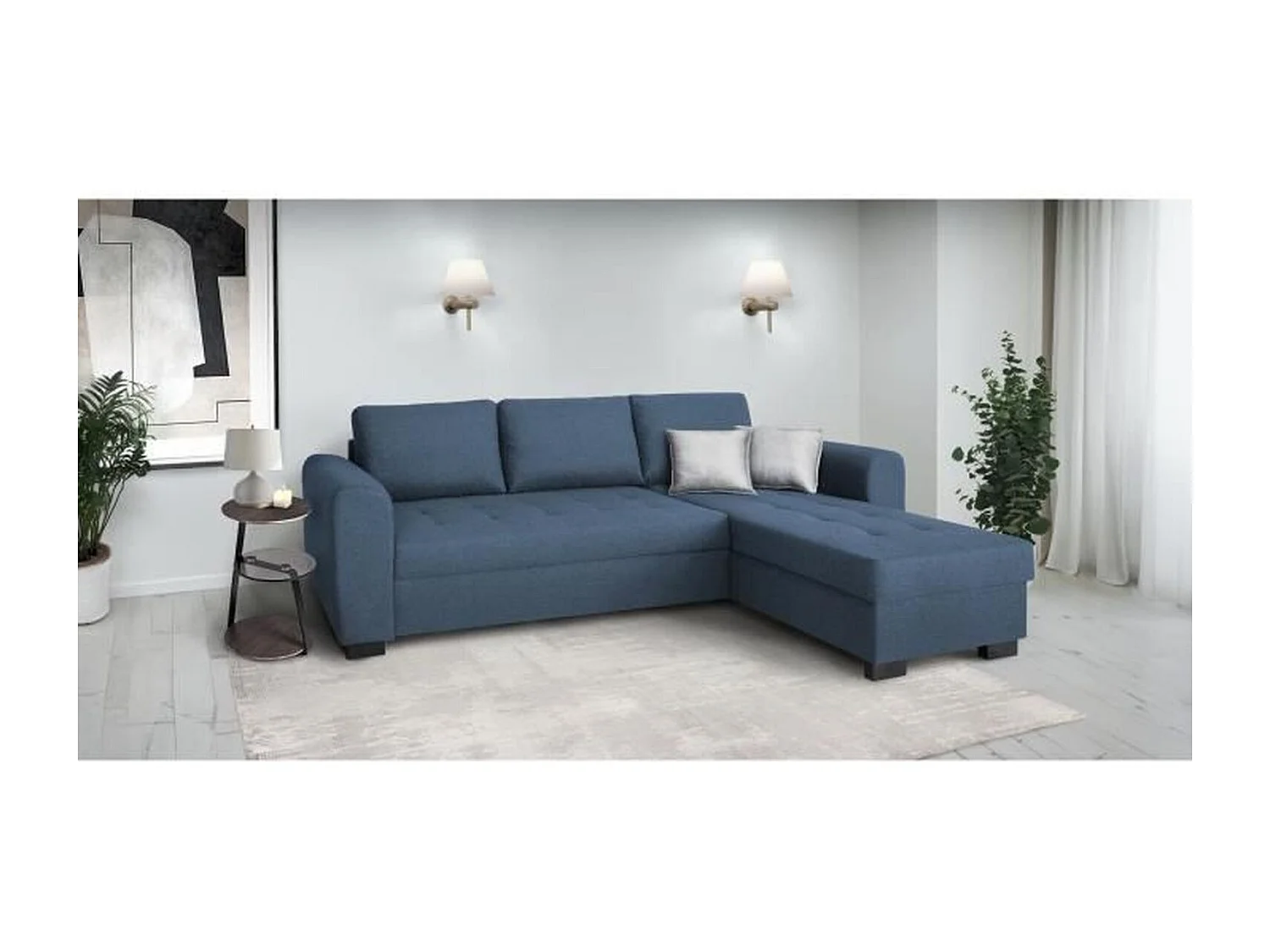 Canapé d'angle fixe réversible 4 places - Tissu Bleu - 245 x 150 x 86 cm