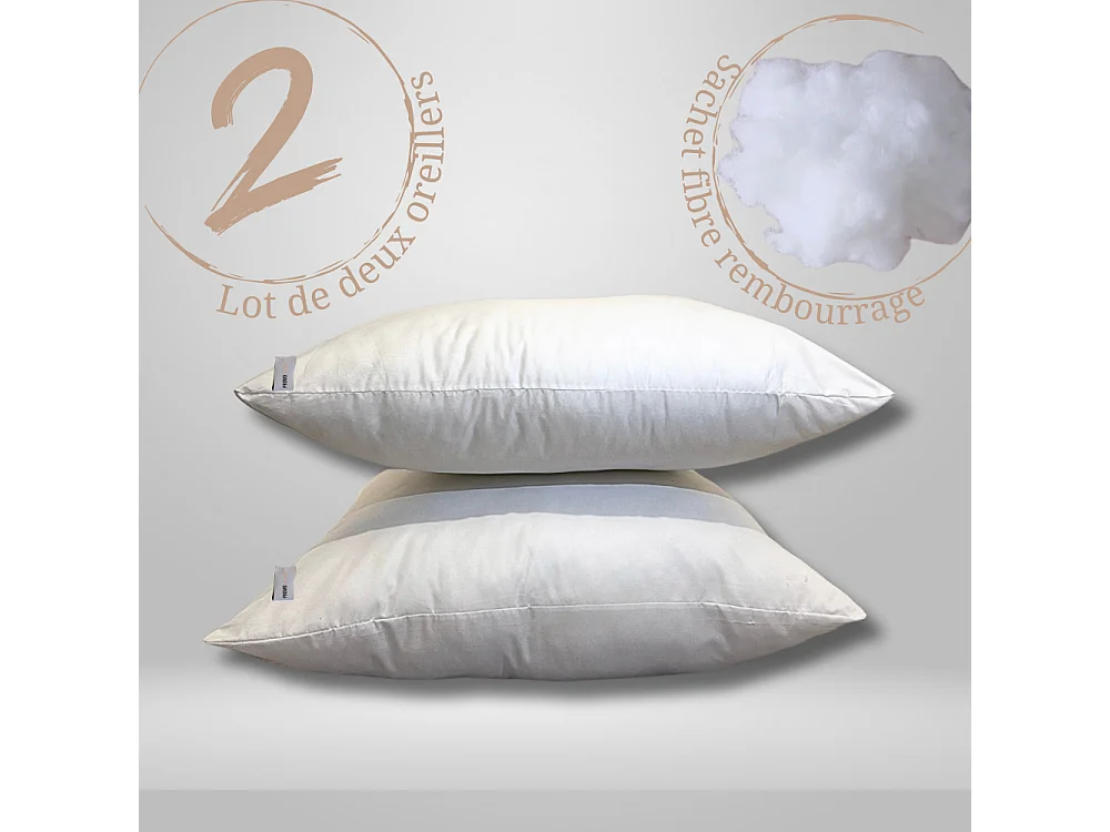 2 oreillers doux microfibres polyester moelleux réglable en hauteur 65 x 65 cm