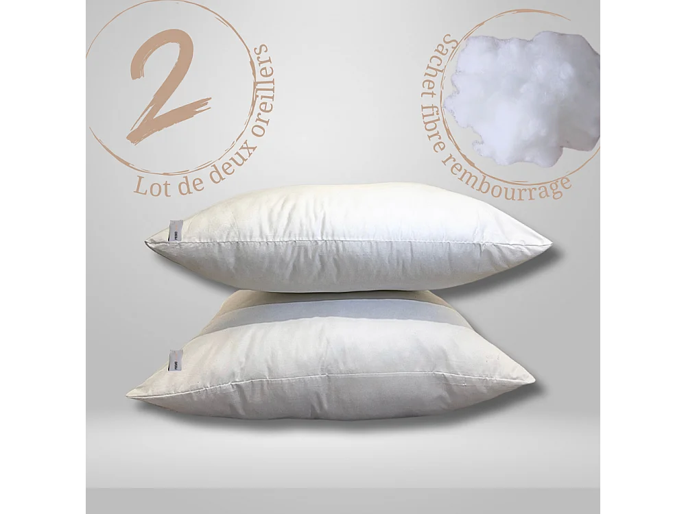 2 oreillers doux microfibres polyester moelleux réglable en hauteur 65 x 65 cm