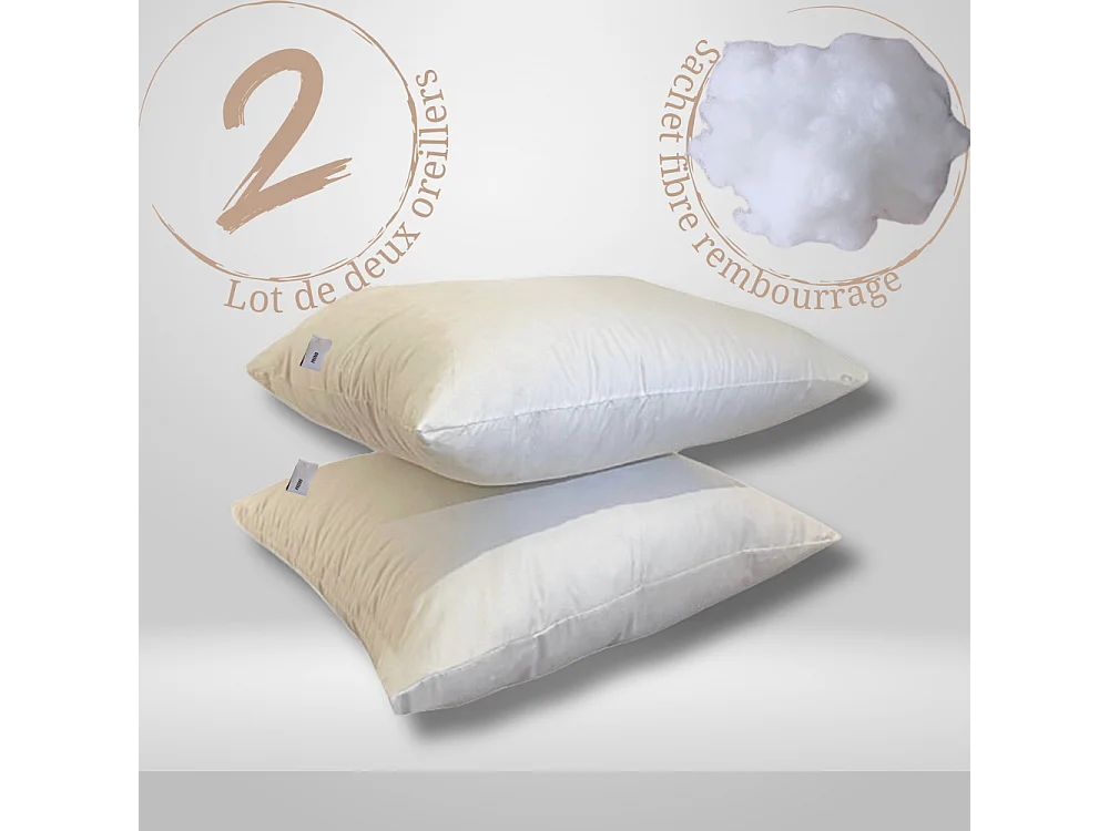 2 oreillers doux microfibres polyester moelleux réglable en hauteur 65 x 65 cm