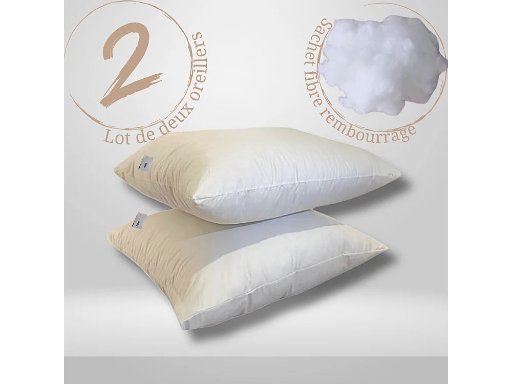 2 oreillers doux microfibres polyester moelleux réglable en hauteur 60 x 60 cm