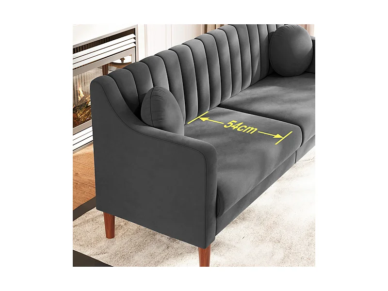 Sofá 3 lugares de veludo - pés de madeira maciça 19cm - com 2 almofadas - 206x74x83cm - Cinza