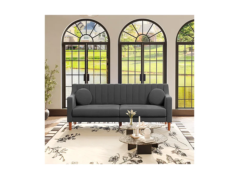 Sofá 3 lugares de veludo - pés de madeira maciça 19cm - com 2 almofadas - 206x74x83cm - Cinza